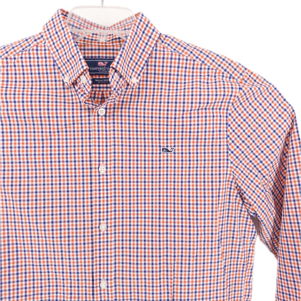 Vineyard Vines Mens M Whale Shirt Button Down Orange Navy Gingham Check Preppy